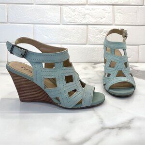 First sage green laser cut wedge sandals
